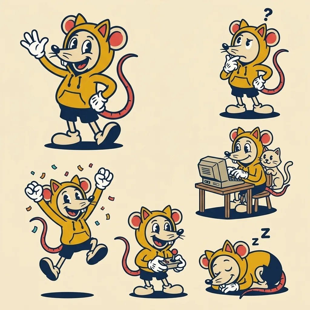 La mascota programando junto a un gatito, entre otras poses